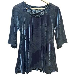 Yahada U.S.A. Top Velvet Floral Pattern Tunic Black Bell Sleeves‎ Whimsygoth LG